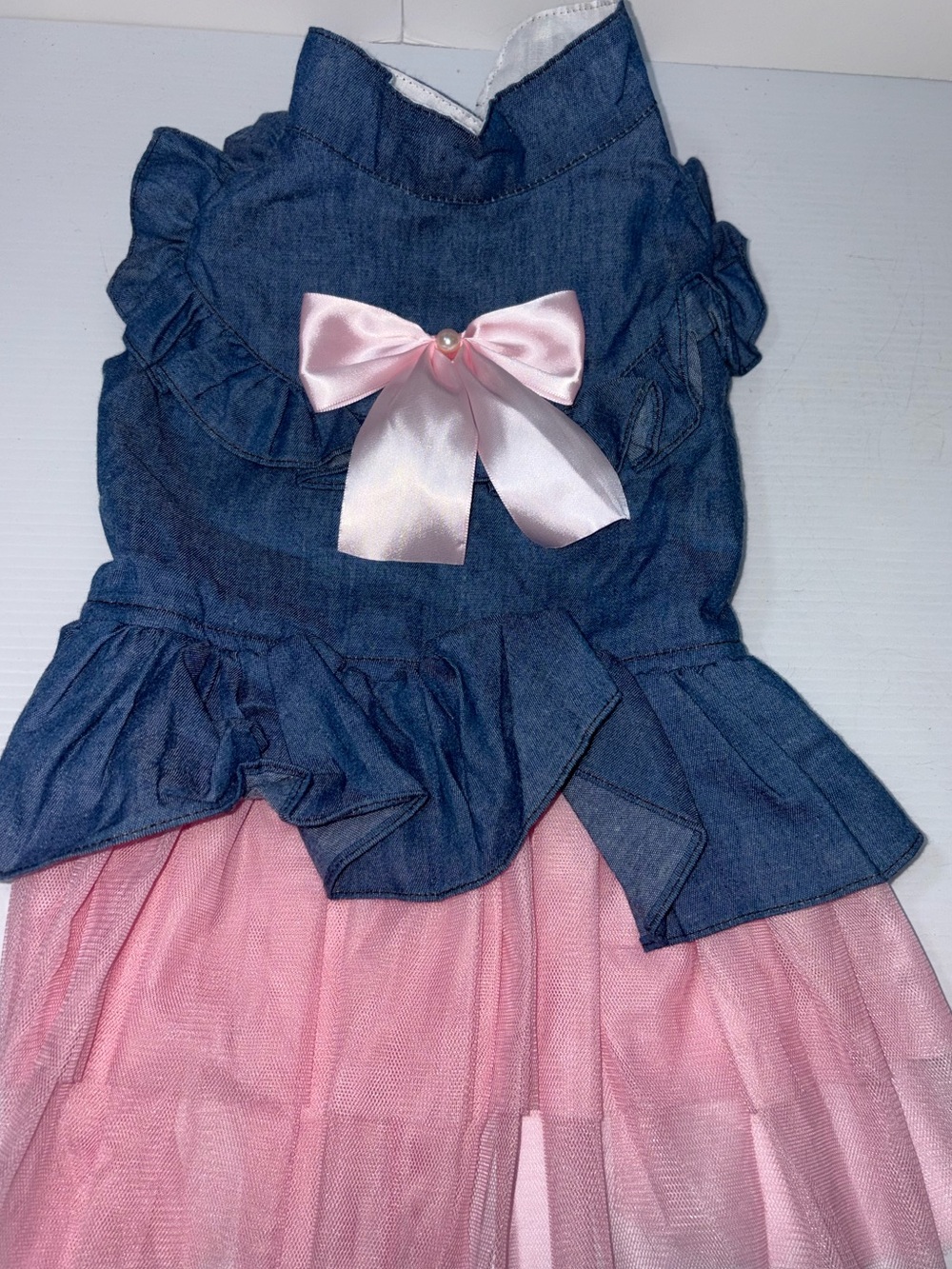 Denim Ruffle Dress with Pink Bow and Tulle Skirt